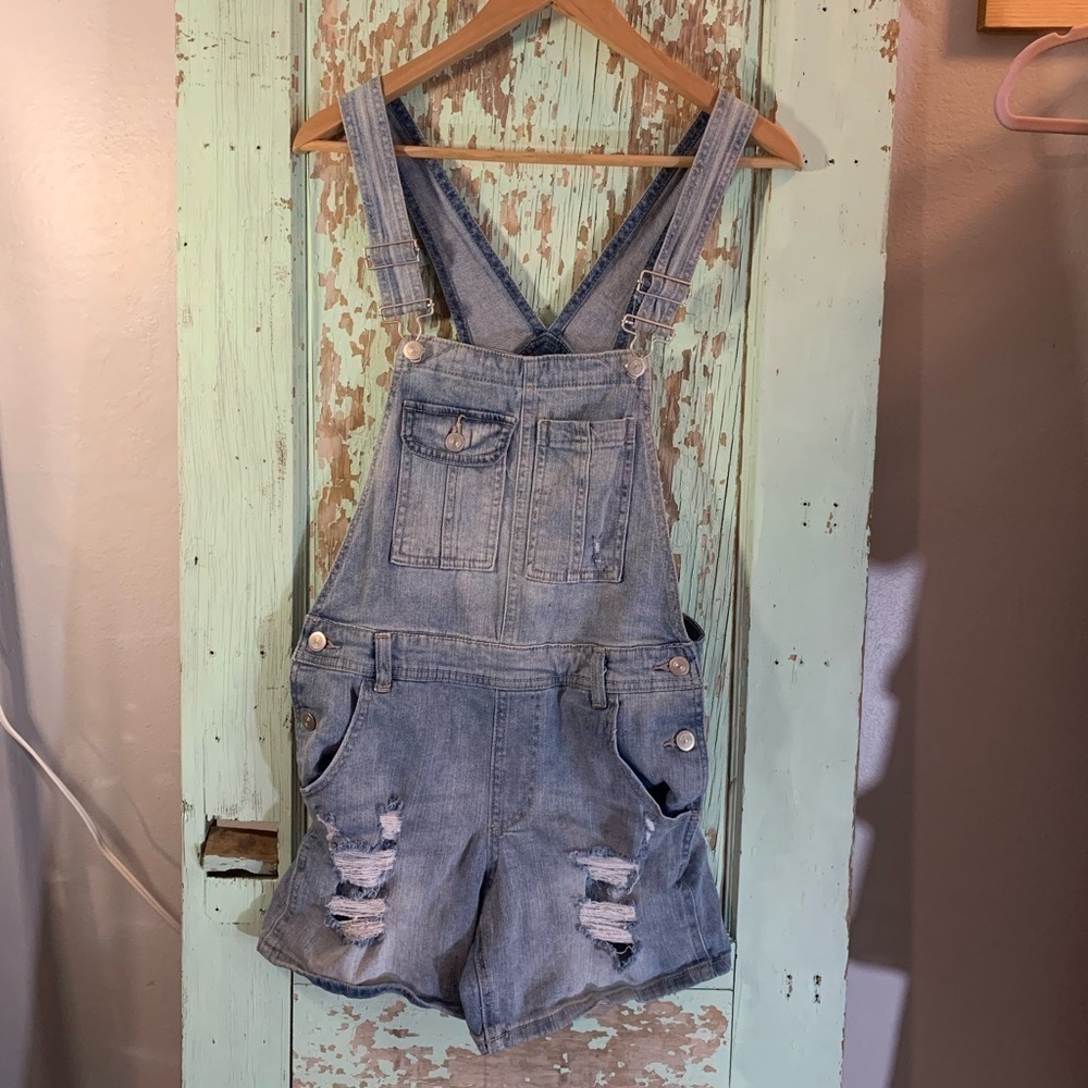 Women’s denim distressed short overalls